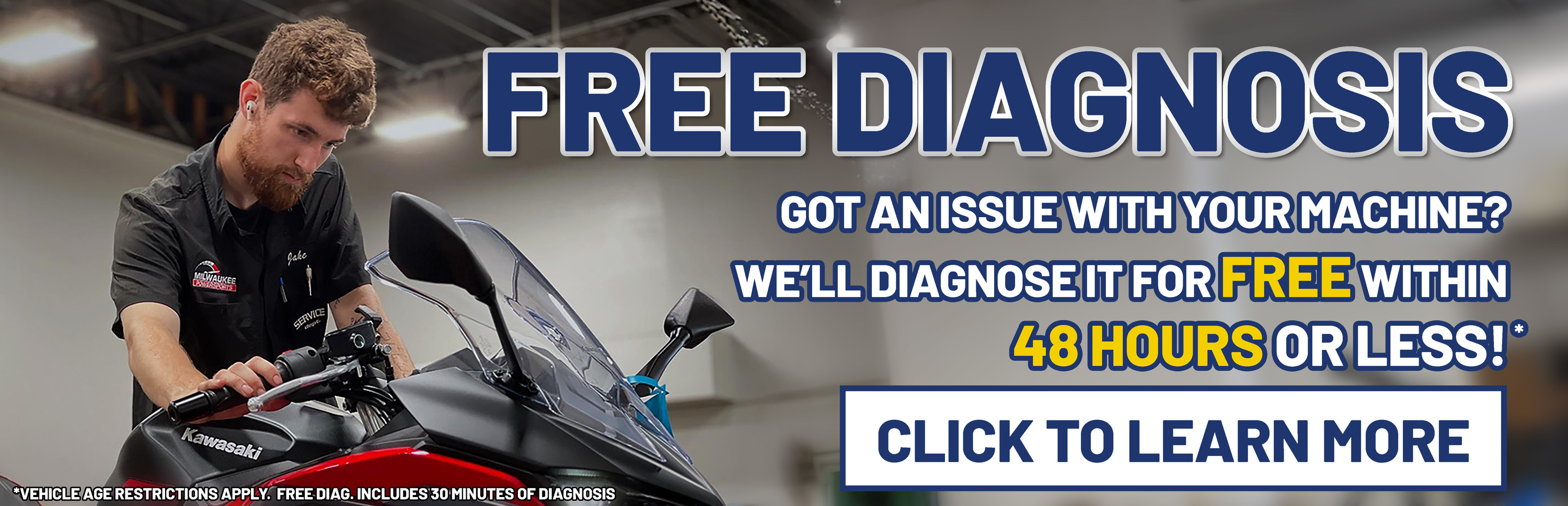 Certified powersports technician performing a diagnostic inspection at Milwaukee Powersports service…